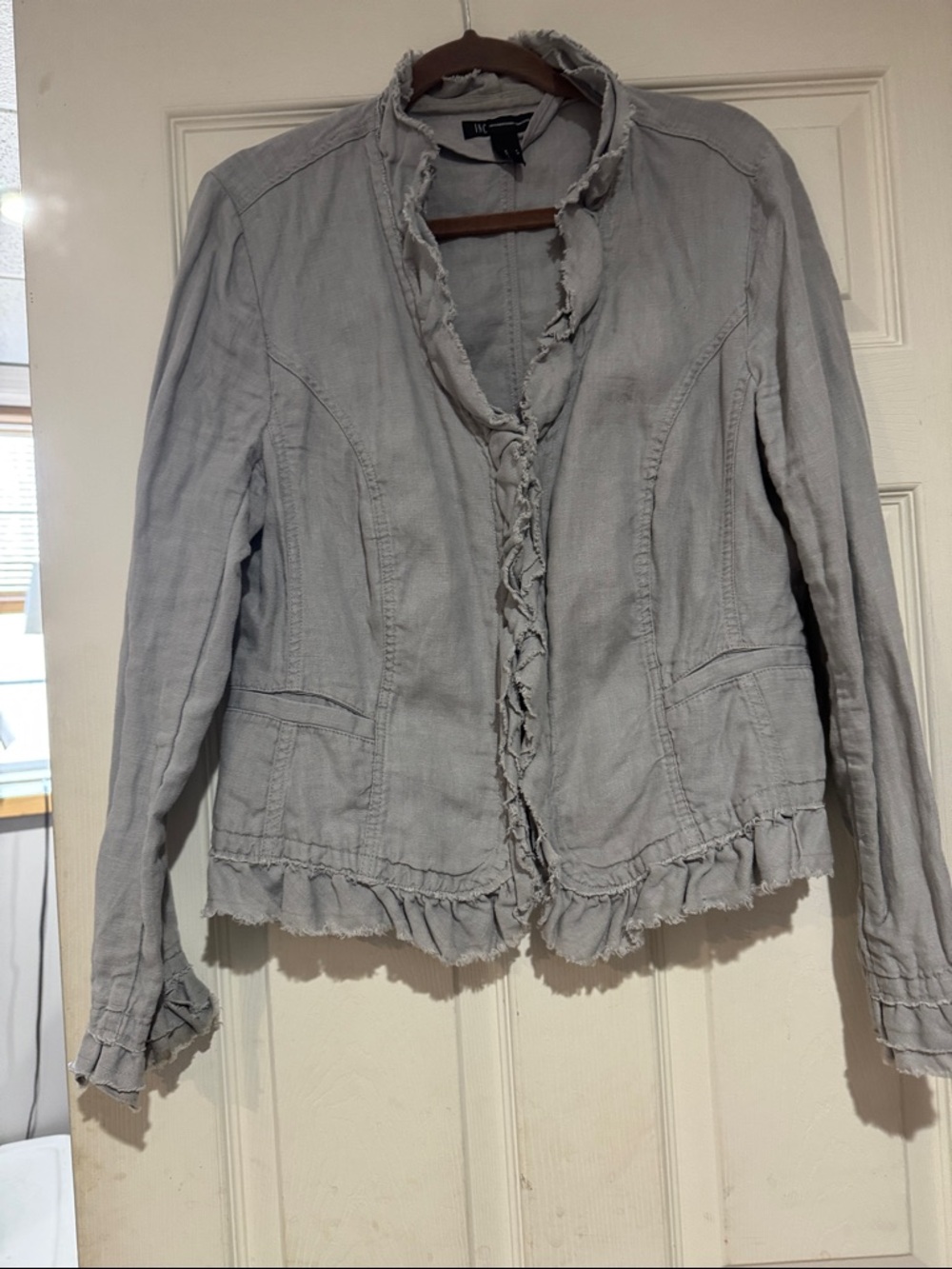 INC International Concepts Light Gray Ruffled Denim-Style Jacket